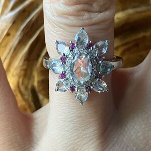 Rainbow Moonstone Pink Sapphire Sterling Silver Cocktail Ring Size 6